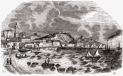 By og havn i Malaga, Spanien, midten af 1800-tallet